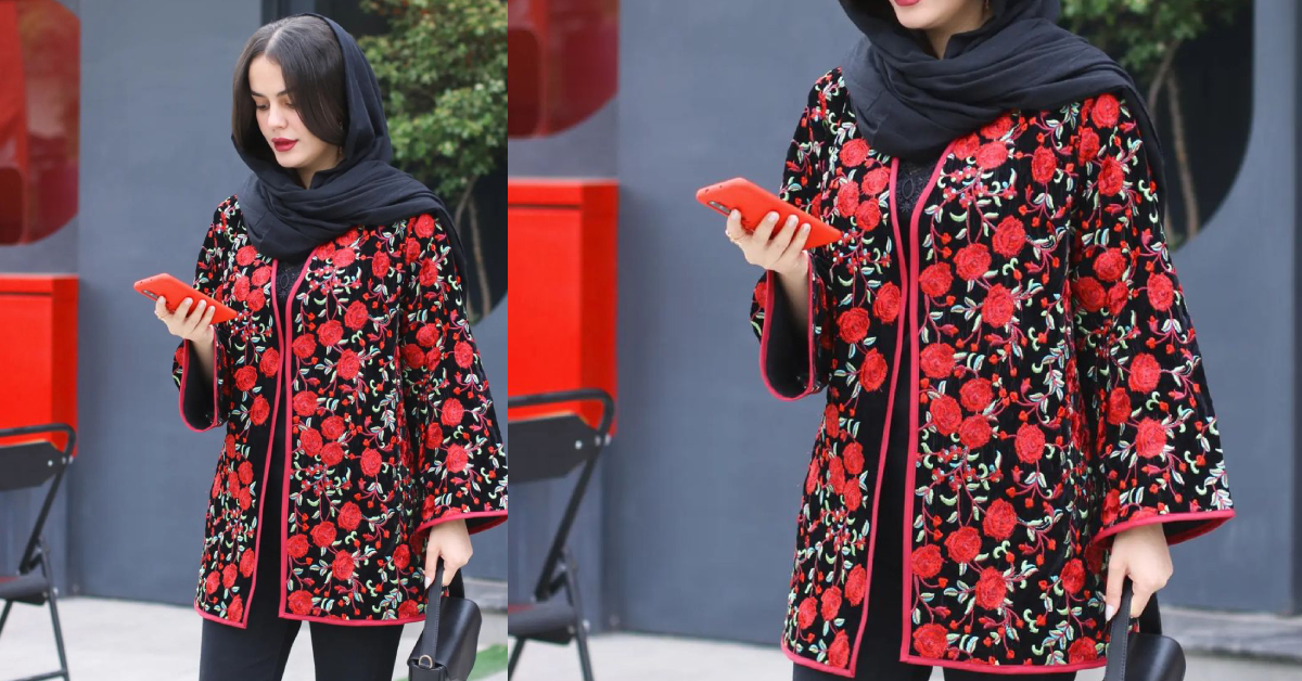 مانتو مخمل گل‌دار مجلسی زنانه با طرح هنری