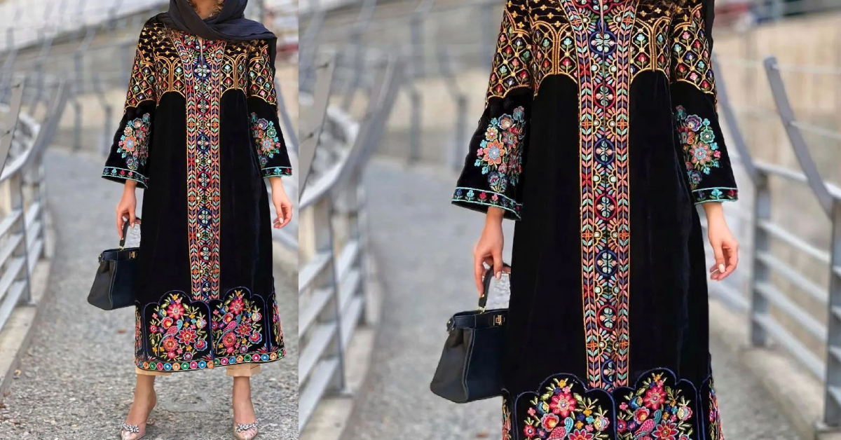مانتو مخمل بلند مشکی سوزن‌دوزی‌شده سنتی