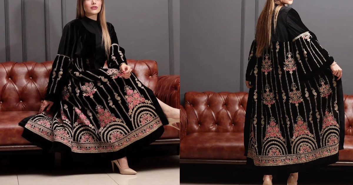 مانتو مخمل مشکی با گل‌دوزی در قسمت پایین