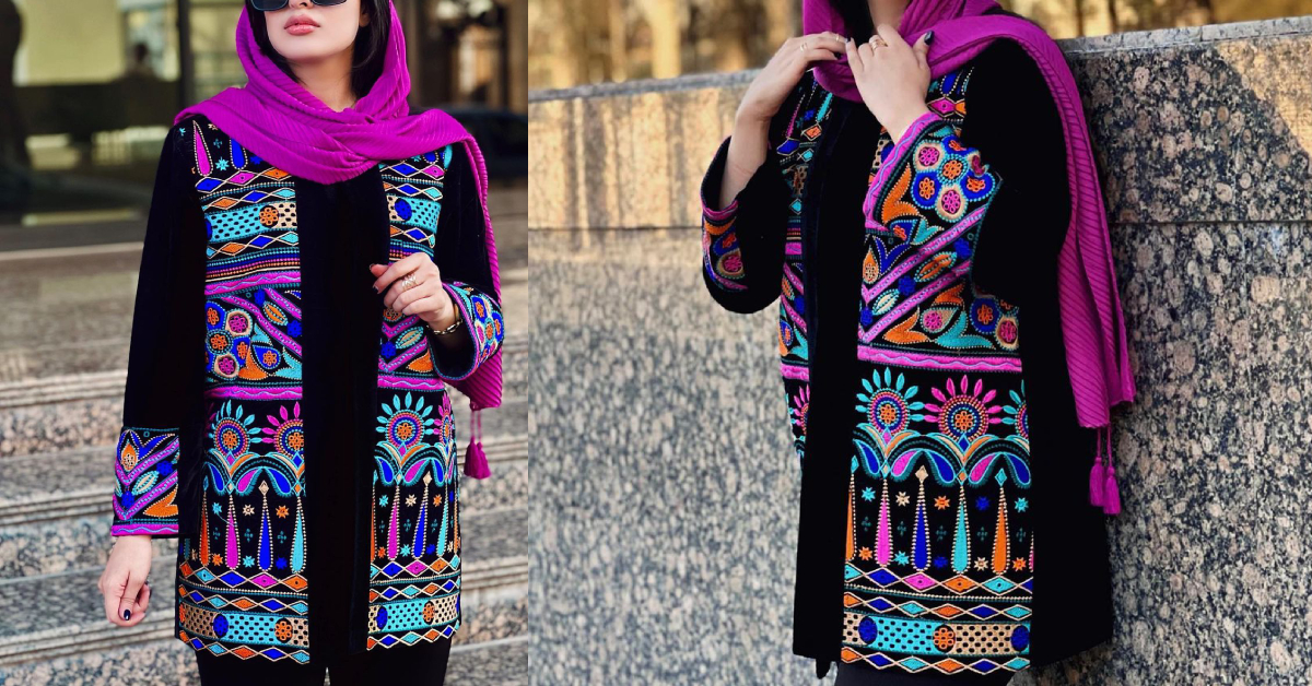 مانتو مخمل با طرح آبرنگی هنری و متفاوت