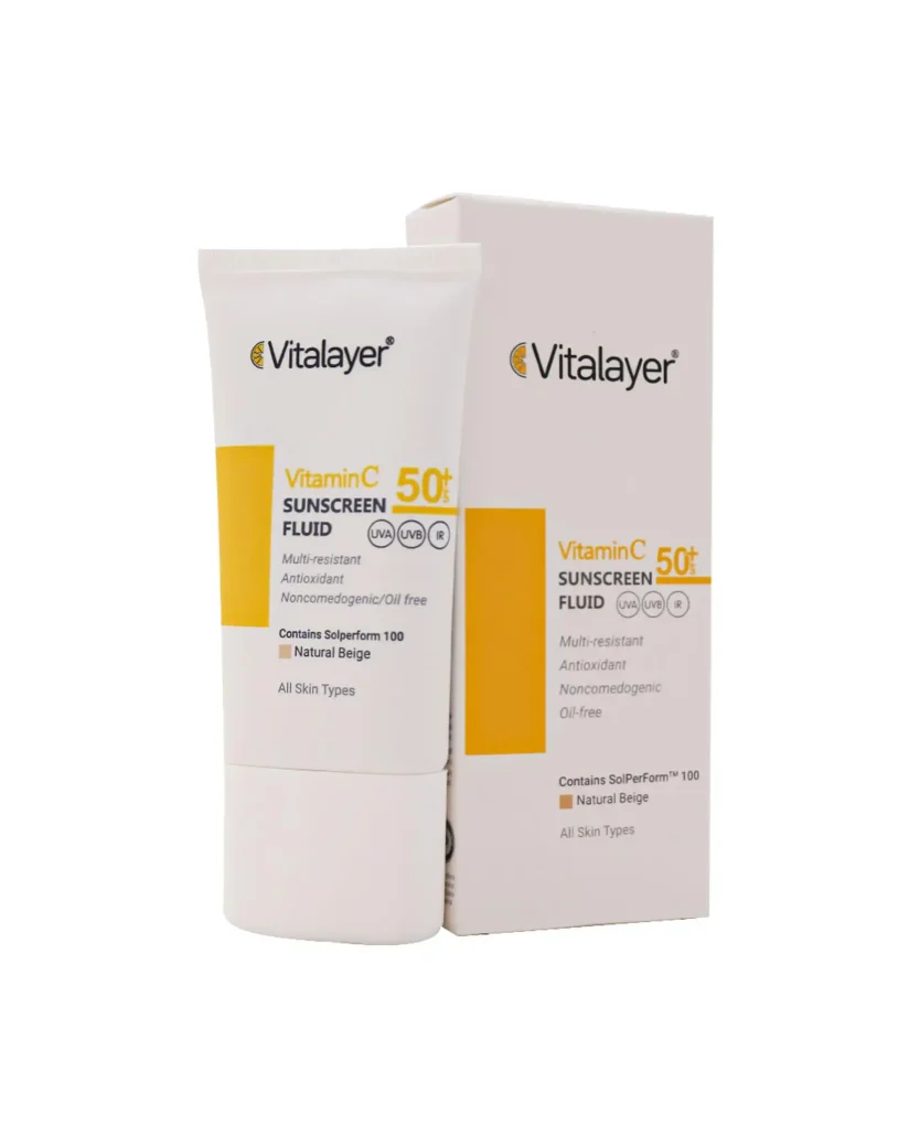 معرفی 10 تا از بهترین کرم های ضد آفتاب ایرانی 5 فلوئید ضد آفتاب بیرنگ SPF 50 ویتالیر حاوی ویتامین C